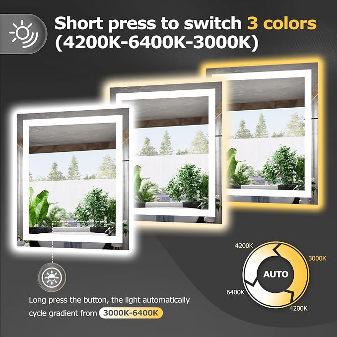 Hivone 28"X32" LED Bathroom Mirror with Lights, Anti-Fog, Dimmable, Backlit + Front Lit, Smart Bathroom Vanity Mirror, Memory Function, Shatterproof, Tempered Glass (Horizontal/Vertical)