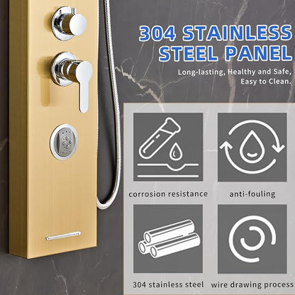 6 in1 Multi-Function Shower Panel Tower System-Brushed Gold | 304 stainless steel Shower Panel Column Tower with Powerful Body Massage, Rainfall, Waterfall,Handheld and Tub Spout