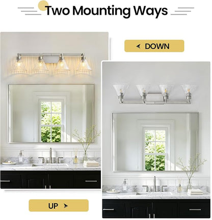 Brushed Nickel Bathroom Lighting Fixtures 4-Light Vanity Light Modern Bathroom Lights over Mirror with Ribbed Glass Shade 34 Inch Bathroom Vanity Lighting Fixtures for Bedroom Living Room Hallway