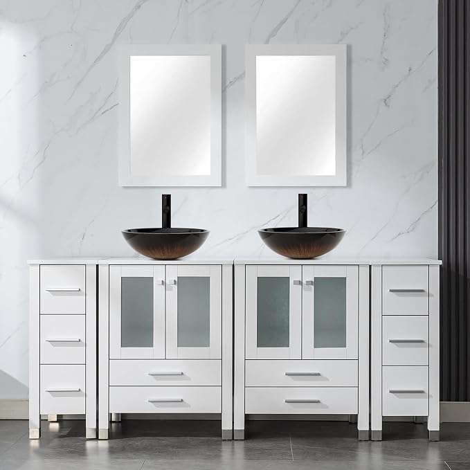 LUCKWIND 72" Bathroom Vanity Sink Combo, Double 24" Main Cabniets with Two 12.6" Side Cabinets, Painted Bathroom Storage Cabinet, Including Black Bowl Sinks, Faucets Without Mirror, White