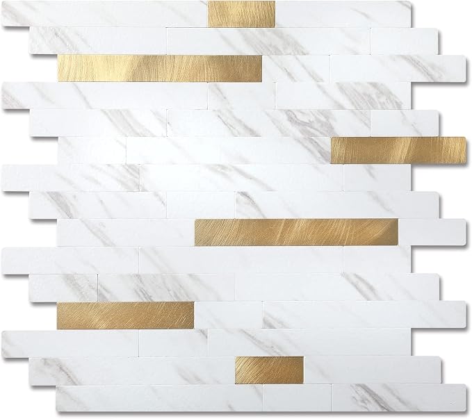 Yipscazo 2026 New Upgrade Peel and Stick Backsplash, Stick on Backsplash Tiles for Kitchen, Bathroom, Fireplace (20 Sheets, White Stone with Gold)