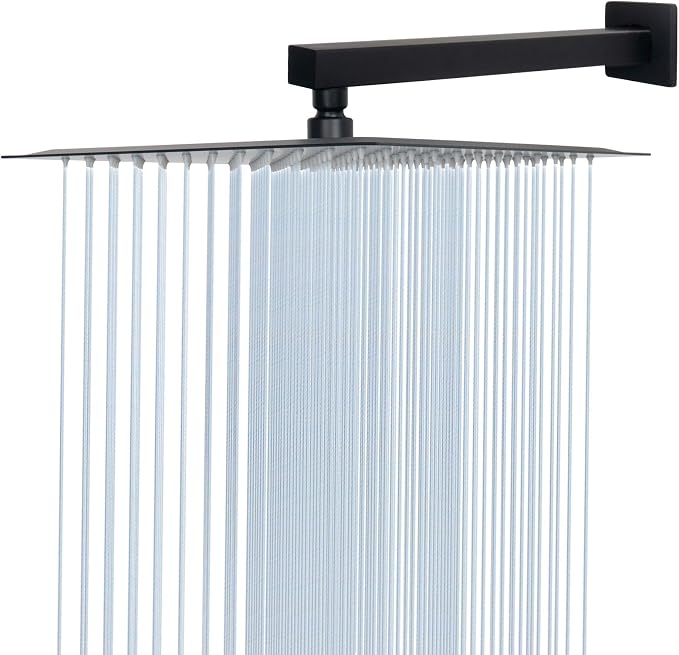 Shower Head with Extension Arm, High Pressure Square with ShowerArm, Stainless Steel Rainfall -Waterfall Full Body Coverage (12'' Shower with 16'' Arm, Matte Black)