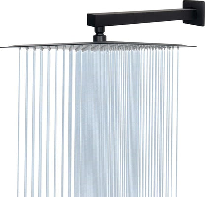 Shower Head with Extension Arm, High Pressure Square with ShowerArm, Stainless Steel Rainfall -Waterfall Full Body Coverage (12'' Shower with 16'' Arm, Matte Black)