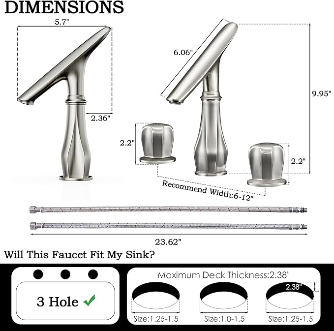 Bathroom Faucets for Sink 3 Hole, 8 Inch Widespread Bathroom Faucet Brushed Nickel, Solid Brass Modern Vanity Faucet with Adjustable Spout 2 Handles and Supply Hoses