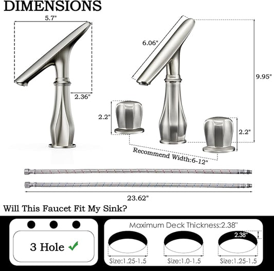 Bathroom Faucets for Sink 3 Hole, 8 Inch Widespread Bathroom Faucet Brushed Nickel, Solid Brass Modern Vanity Faucet with Adjustable Spout 2 Handles and Supply Hoses