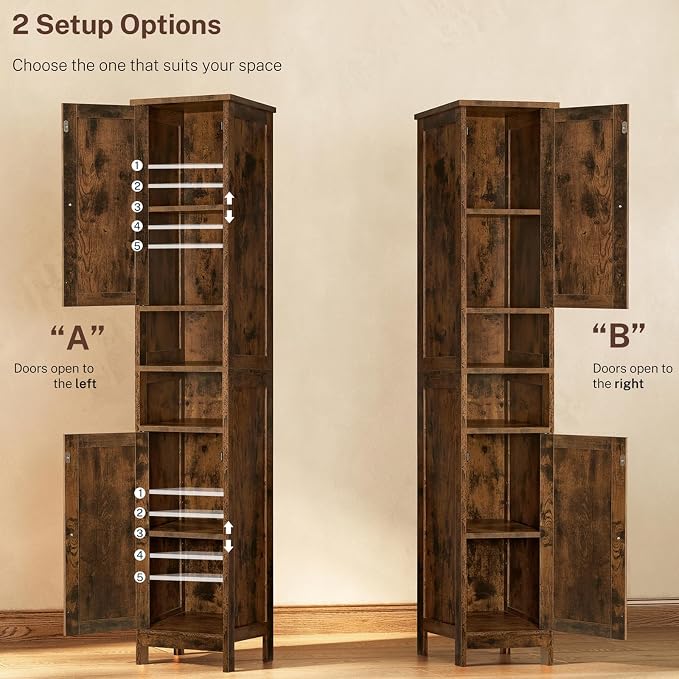 67" Tall Bathroom Cabinet with 2 Adjustable Shelves and 2 Doors, Narrow Bathroom Storage Cabinet for Small Space, Living Room, Entryway, Kitchen, Rustic Brown