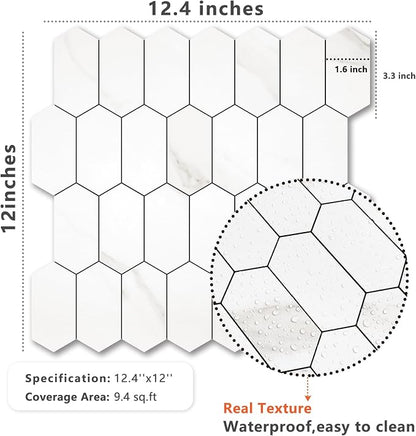Vamos Tile Long Hexagon Peel and Stick Backsplash Tile - 10 Sheets Stick on Backsplash for Kitchen and Bathroom 12.4 x 12 Inch White Marble Look PVC Self Adhesive Mosaic Wall Tiles