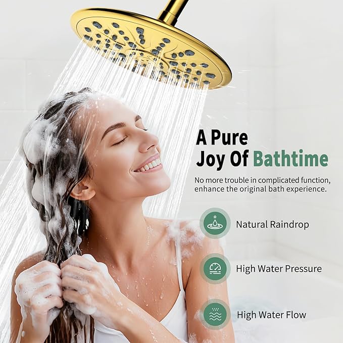 Suncleanse Gold Shower Faucet Sets - 8.5" Rain Shower Head Combo with 7-Setting handheld Spray Complete Shower System - Rainfall Shower Fixtures with Rough-in Valve and Trim Kit for Luxury Bathroom