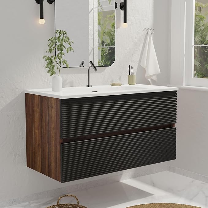 36'' Floating Bathroom Vanity with Sink Combo, Modern Bathroom Cabinet with 2-Soft Close & Large Storage Drawers, for Bath, Apartment, Hotel, Black and Walnut