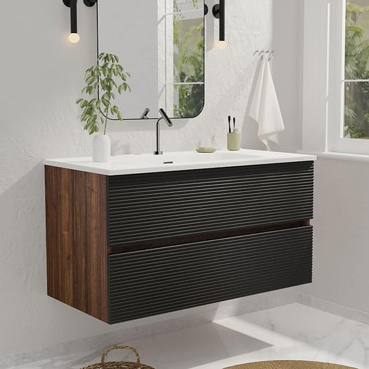 36'' Floating Bathroom Vanity with Sink Combo, Modern Bathroom Cabinet with 2-Soft Close & Large Storage Drawers, for Bath, Apartment, Hotel, Black and Walnut