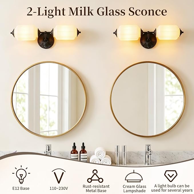 Vintage Milk Glass Bathroom Vanity Light, 2-Light Wall Sconce with Black Antique Base & E12 Bulbs Included, Adjustable 3-Color Temperature for Bedroom, Living Room, Kitchen