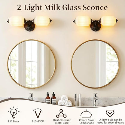 Vintage Milk Glass Bathroom Vanity Light, 2-Light Wall Sconce with Black Antique Base & E12 Bulbs Included, Adjustable 3-Color Temperature for Bedroom, Living Room, Kitchen