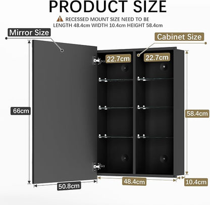 Medicine Cabinet with Mirror, 20 x 26 Frameless Beveled Bathroom Mirror with Storage, Aluminum Recessed or Wall Mount Medicine Cabinet, 6 Adjustable Shelves for Tall Bottles, DTC Soft Close