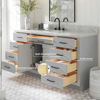 ARIEL Hepburn 66-inch Bathroom Vanity Base Cabinet,Solid Wood, 2 Soft Closing Doors, 9 Dovetail Drawers, Grey