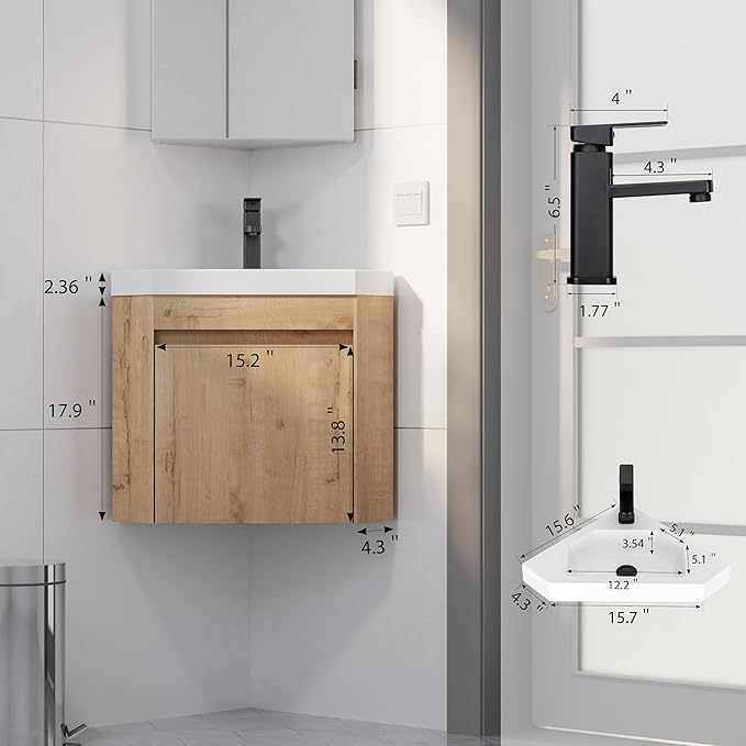 eclife 22" Corner Bathroom Vanity Sink Combo for Small Space Wall Mounted Floating Cabinet with White Resin Sink and Matte Black Faucet, Natural