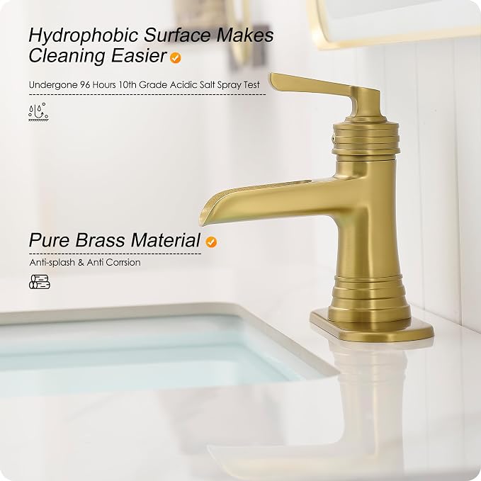 Brushed Gold Bathroom Faucets One Hole, Brass Waterfall Bathroom Sink Faucet 3 Hole 4 Inch With Pop-up Drain, Deck Plate, Pre-Installed cUPC Hose for Farmhouse, Lavatory, 5 Mins Quick Install
