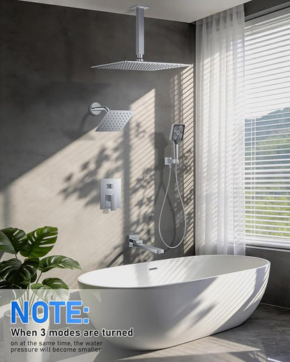Woindo 4 Function Shower Faucet Set 12" Rain Shower Head/6'' Side Shower Head and 3 Setting Handheld Ceiling Mount Push Button Diverter Complete Rainfall Round Shower System Included Valve Trim Kit