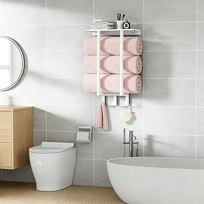 Towel Rack with Shelf and 3 Hooks, Bethom Towel Holders for Bathroom Wall Mounted, Metal White Towel Racks can Hold 3 Large Bath Sheets Blanket