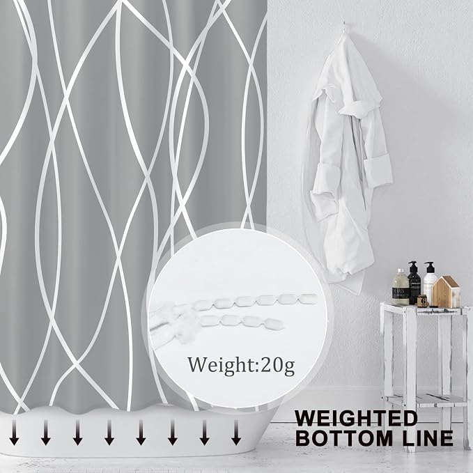 Striped Shower Curtain for Bathroom, Charcoal Grey, 72" W x 72" L | with Hooks, Modern Hotel Style, Water Repellent, Washable, Weighted Hem