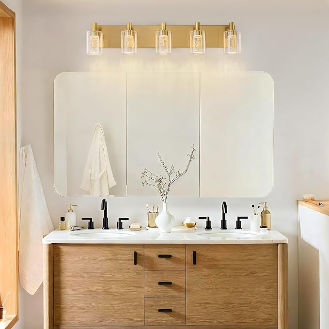 SineRise Vanity Light with 3 Color Modes (3000K/4000K/6000K), Eye Protection LED Bathroom Light Fixture, Dimmable Modern Wall Light Over Mirror with Clear Glass Shade (Gold, 5-Light)