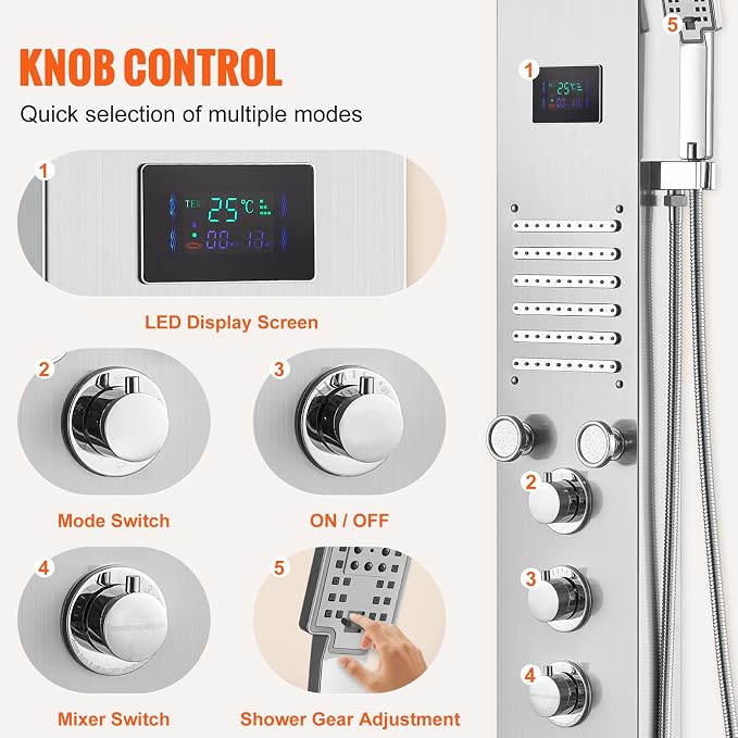 VEVOR Shower Panel Tower System, 6 Shower Modes, LED & Screen Hydroelectricity Shower Panel, Rainfall, Waterfall, 5 Massage Jets, Tub Spout, Handheld Shower, Stainless Steel Wall-Mounted Shower Set