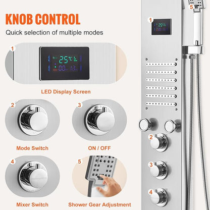 VEVOR Shower Panel Tower System, 6 Shower Modes, LED & Screen Hydroelectricity Shower Panel, Rainfall, Waterfall, 5 Massage Jets, Tub Spout, Handheld Shower, Stainless Steel Wall-Mounted Shower Set