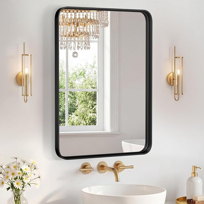 NEWBULIG Bathroom Mirror for Over Sink, 20X28 Inch Wall Vanity Mirror | Wall Mount, Tempered Glass, Anti-Rust Metal Framed, Rounded Rectangle, Farmhouse Home Decor, Black