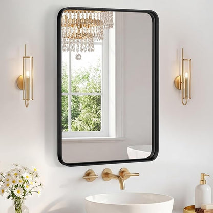 NEWBULIG Bathroom Mirror for Over Sink, 20X28 Inch Wall Vanity Mirror | Wall Mount, Tempered Glass, Anti-Rust Metal Framed, Rounded Rectangle, Farmhouse Home Decor, Black