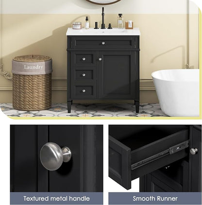 Merax 30 inch Bathroom Vanity with Ceramic Sink, Solid Wood Frame Modern Bathroom Sink Storage Cabinet with 2 Drawers and a Tip-Out Drawer, Single Sink Bathroom Vanities, Black