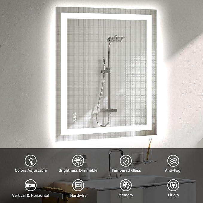 Hivone 30"X36" LED Bathroom Mirror with Lights, Anti-Fog, Dimmable, Backlit + Front Lit, Smart Bathroom Vanity Mirror, Memory Function, Shatterproof, Tempered Glass (Horizontal/Vertical)