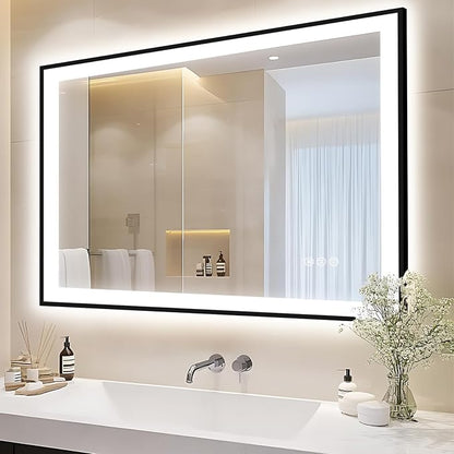 EchosLife 44x36 LED Light Mirror for Bathroom - Black Framed Mirror | Black Frame, Front and Backlit, Anti-Fog, Stepless Dimmable, 3 Colors, Memory, Tempered Glass, UL Listed, Horizontal/Vertical