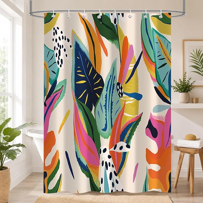 Colorful Abstract Shower Curtain, Floral Boho Modern Asthetic Plant Bathroom Curtain, Waterproof Polyester Fabric Shower Curtain Set with Hooks 48x72 Inch