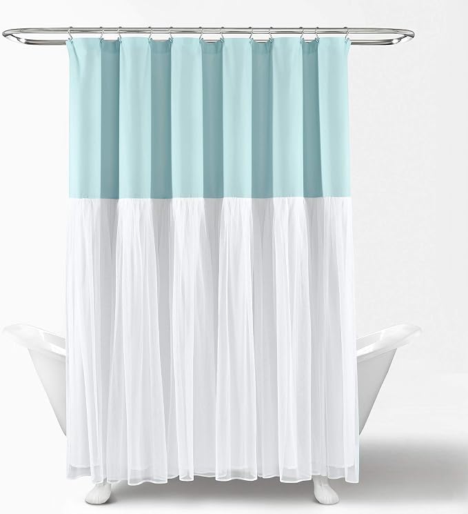 Lush Decor Tulle Skirt Colorblock Shower Curtain Single 72" W x 72" L Spa Blue & White - Fabric Shower Curtains for Bathroom - Cute Bathroom Curtain