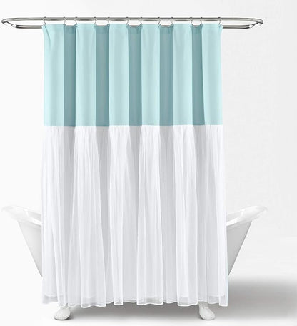 Lush Decor Tulle Skirt Colorblock Shower Curtain Single 72" W x 72" L Spa Blue & White - Fabric Shower Curtains for Bathroom - Cute Bathroom Curtain