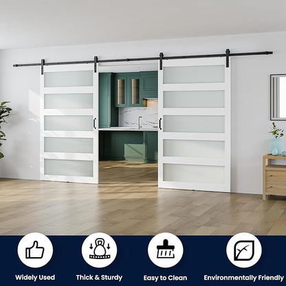 SMARTSTANDARD Double 48×84 Glass Barn Door with Sliding Hardware Kit | Pre-Drilled Ready to Assemble, Waterproof PVC Coating, 5-Panel Glass, White