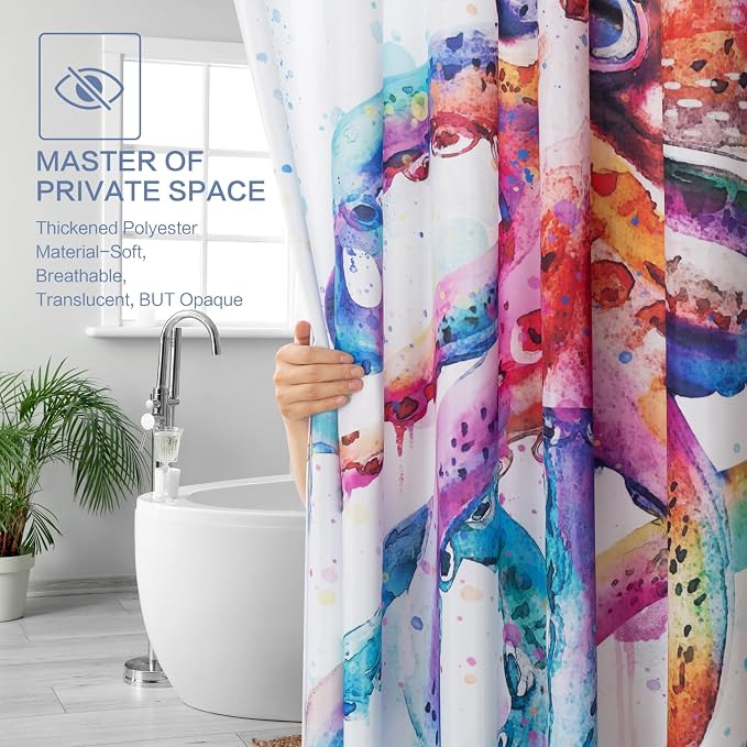 Novelty Summer Shower Curtain Octopus, Nautical Beach Shower Curtain Kraken Ocean Waterproof Polyester Fabric Machine Washable Kids Bathroom shower curtains Decor Bath Curtains with Hooks, 72 x 72