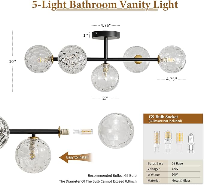 Bathroom Vanity Mirror Light Fixtures: Dimmable 5 Lights Bath Wall Sconce Lighting - Brass Black Vanity Lights with Hammered Clear Glass Shade - Modern Minimalist Makeup Light Above Mirror G9 Base