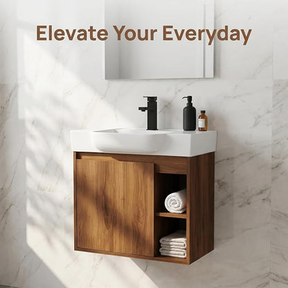 24" Bathroom Vanity with Sink, Wall-Mounted Cabinet, Brown Ebony | Ceramic Sink, Soft-Close Door & 2 Open Storage Shelves, Modern Farmhouse Sink Cabinet, Easy to Clean for Small Bathroom