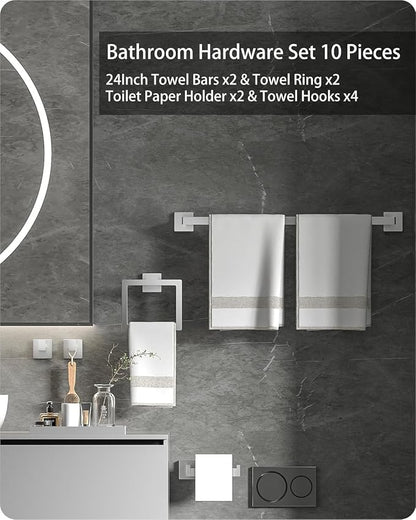 10-Piece Square Bathroom Hardware Set with 24" Towel Bar x2, Toilet Paper Holder x2, Towel Hook x4, Towel Ring x2, Wall Mounted Stainless Steel Bathroom Accessories for Modern Bathroom Decor
