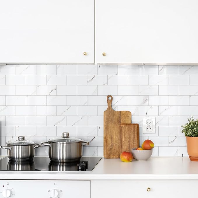 StyloVue 100 Pieces Peel and Stick Backsplash for Kitchen, 3" x 6" PVC Subway Tile 2026 Upgraded Glossy White Marble with White Grout Backsplash Stick on Tile Elevate Kitchen Fireplace RV