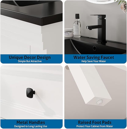 eclife 30" Bathroom Vanity with Sink Combo, Modern Painted Vanities Cabinet with Big Drawers, Opening Bottom Shelf, Raised Foot Pads, Include Undermount Black Sink, Faucet & Drain, White
