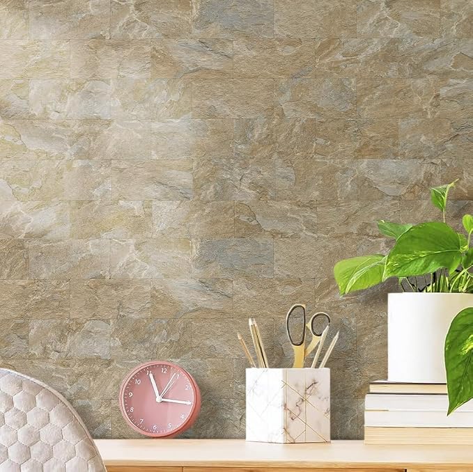 AULIGET Sandstone Peel and Stick Backsplash Wall Tiles, 3" x 6" PVC Faux Stone Stick on Tiles, Pack of 4