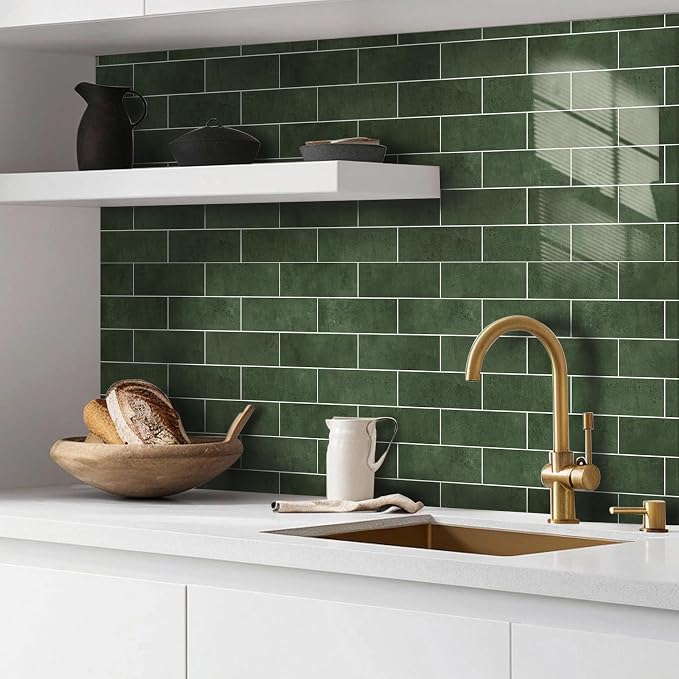 Tilingview 30 PCS Peel and Stick Backsplash Tile for Kitchen/Bathroom/Living Room, 3"x 9" Self-Adhesive Subway Tile for Backsplash, Handmade Imitation Glazed Tiles(Glossy Dark Olive Green)