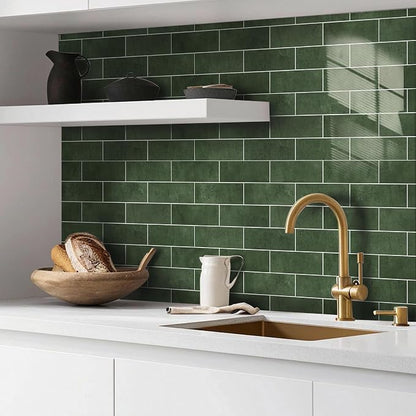 Tilingview 30 PCS Peel and Stick Backsplash Tile for Kitchen/Bathroom/Living Room, 3"x 9" Self-Adhesive Subway Tile for Backsplash, Handmade Imitation Glazed Tiles(Glossy Dark Olive Green)