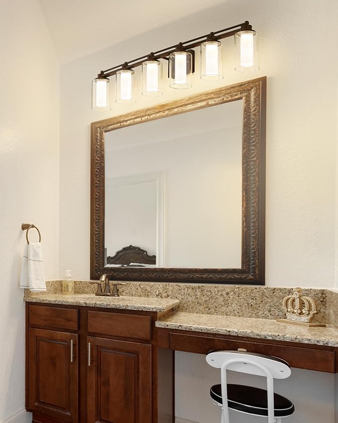 HWH Bathroom Light Fixtures 6-Light, Oil-Rubbed Bronze, 5HLT63B-6W-LED ORB | 36W LED Module, 5CCT 3000K-6500K, Dimmable, Double-Layer Clear and Frosted Glass, 43.7-Inch Fixture, Damp-Proof Metal