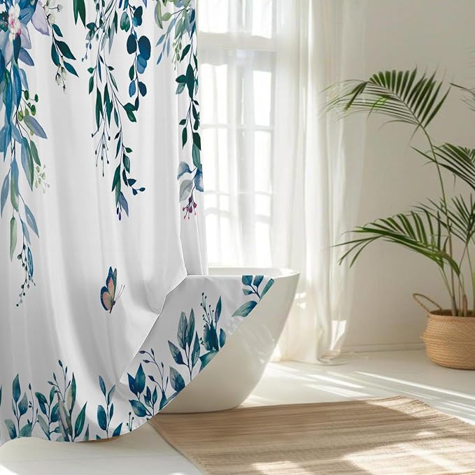 No Hook Shower Curtain and Liner Set, Dark Blue Eucalyptus 71x74 | Floral Design, with Snap in Liner, Waterproof, Machine Washable, Quick-Drying, for Hotel Bathroom