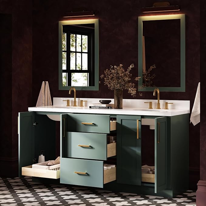 ARIEL Loren 72-inch Bathroom Vanity with Sink,Solid Wood, 1.5-inch Pure White Quartz Countertop, Double Oval Porcelain Sink, 4 Soft Closing Doors, 3 Dovetail Drawers, Vintage Green