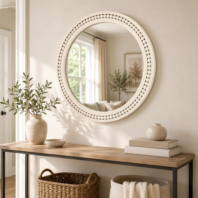 Saliwa 24 Inch Round Bathroom Mirror, White Wood Framed Wall Mirror, Rustic Farmhouse Round Mirror for Vanity, Entryway, Living Room, Bedroom and Hallway