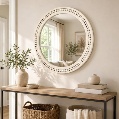 Saliwa 24 Inch Round Bathroom Mirror, White Wood Framed Wall Mirror, Rustic Farmhouse Round Mirror for Vanity, Entryway, Living Room, Bedroom and Hallway
