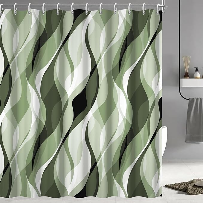 Sage Green Shower Curtain, Abstract Ombre Green and Grey Striped Shower Curtain Set for Bathroom Waterproof Polyester Shower Curtain with Hooks, 72x96 Inch